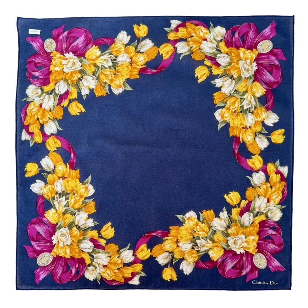 Dior Navy Silk Scarf Yellow Tulip Magenta Ribbon
